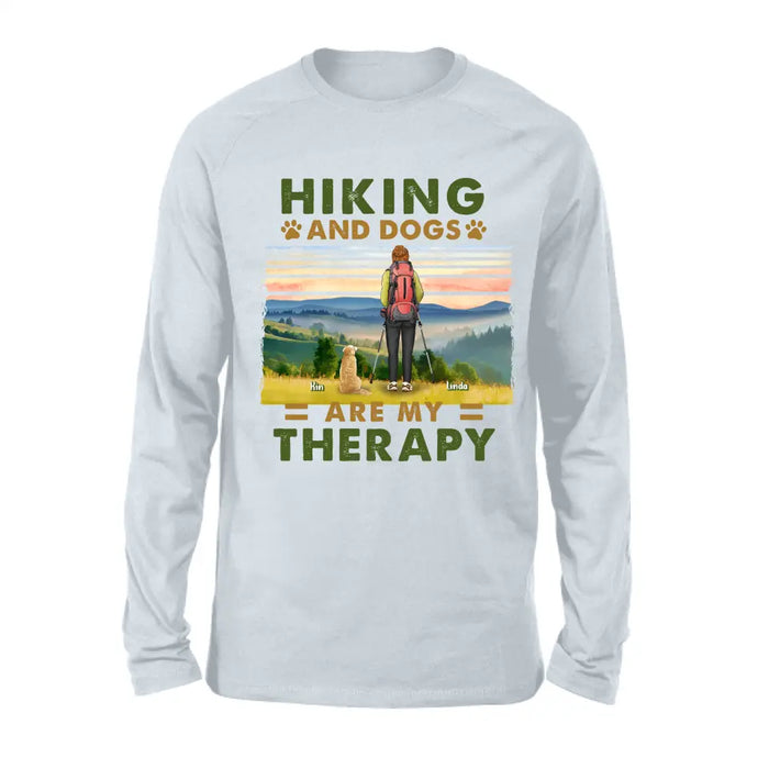 Custom Personalized Solo Hiking With Dogs Shirt - Woman/Man With Upto 4 Dogs - Gift Idea For Hiking Lovers - Hiking And Dogs Are My Therapy