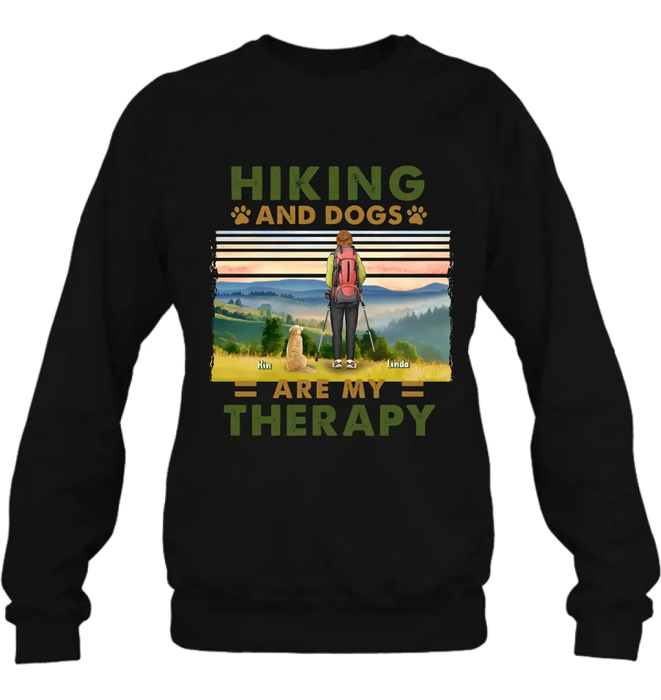 Custom Personalized Solo Hiking With Dogs Shirt - Woman/Man With Upto 4 Dogs - Gift Idea For Hiking Lovers - Hiking And Dogs Are My Therapy