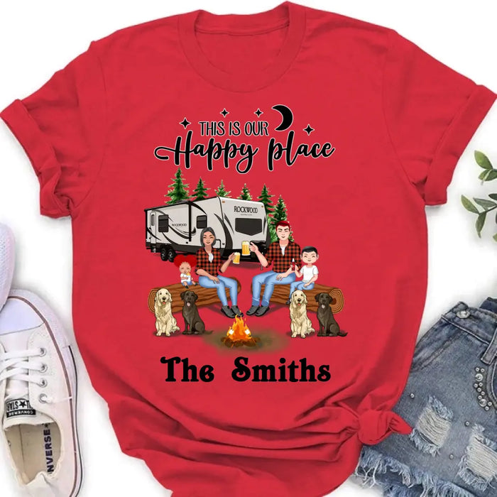 Personalized Camping Family Unisex T-shirt/ Hoodie/ Long Sleeve/ Sweatshirt - Gift Idea For Family with up to 2 Kids and 4 Dogs - This Is Our Happy Place