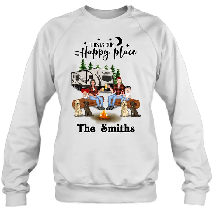 Personalized Camping Family Unisex T-shirt/ Hoodie/ Long Sleeve/ Sweatshirt - Gift Idea For Family with up to 2 Kids and 4 Dogs - This Is Our Happy Place