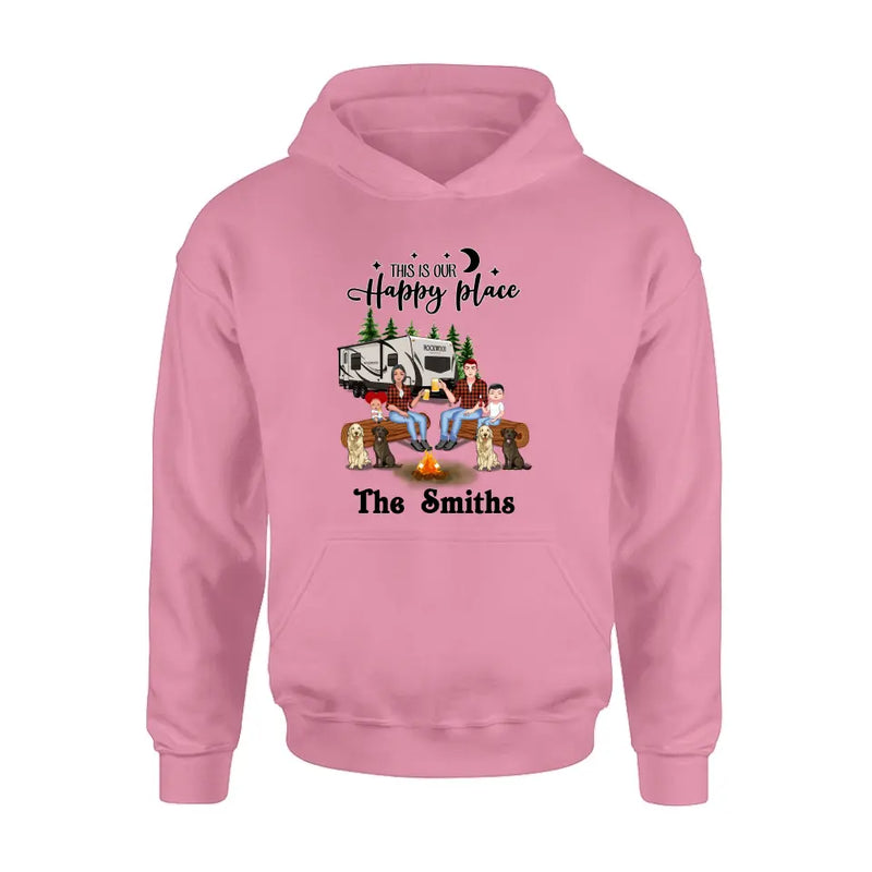 Personalized Camping Family Unisex T-shirt/ Hoodie/ Long Sleeve/ Sweatshirt - Gift Idea For Family with up to 2 Kids and 4 Dogs - This Is Our Happy Place