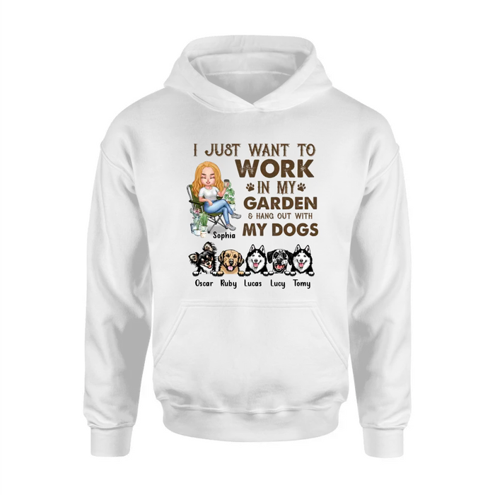 Custom Personalized Garden Shirt/ Hoodie- Upto 5 Pets - Funny Gardening Gift For Dog/ Cat Lover - I Just Want To Work In My Garden & Hang Out With My Dogs