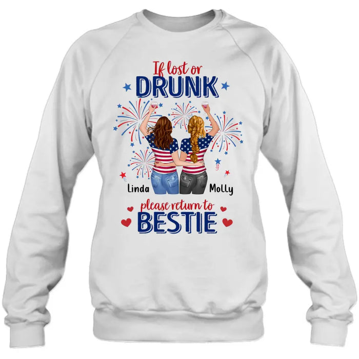 Custom Personalized Friend's 4th Of July T-Shirt/ Long Sleeve/ Sweatshirt/ Hoodie - Gift Idea For Friends/ Besties/ Sister On Independence Day - Up to 4 Girls - If Lost Or Drunk Please Return To Bestie
