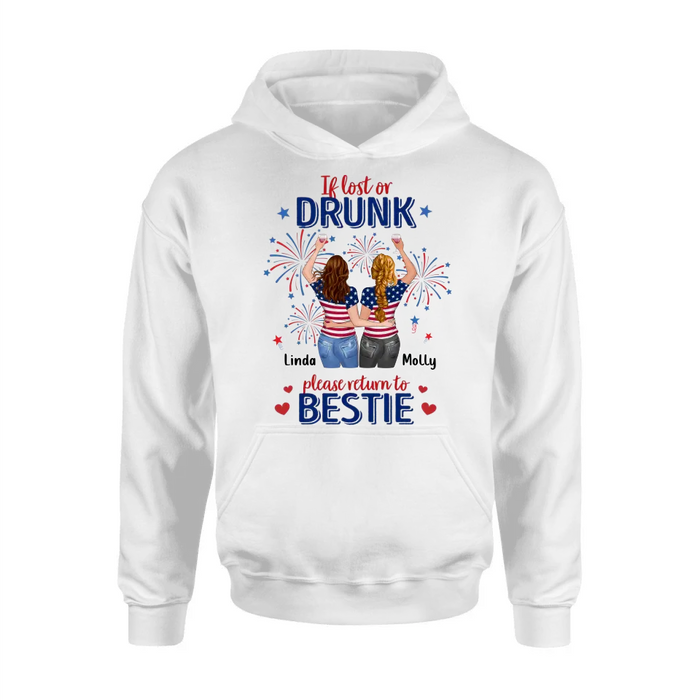 Custom Personalized Friend's 4th Of July T-Shirt/ Long Sleeve/ Sweatshirt/ Hoodie - Gift Idea For Friends/ Besties/ Sister On Independence Day - Up to 4 Girls - If Lost Or Drunk Please Return To Bestie