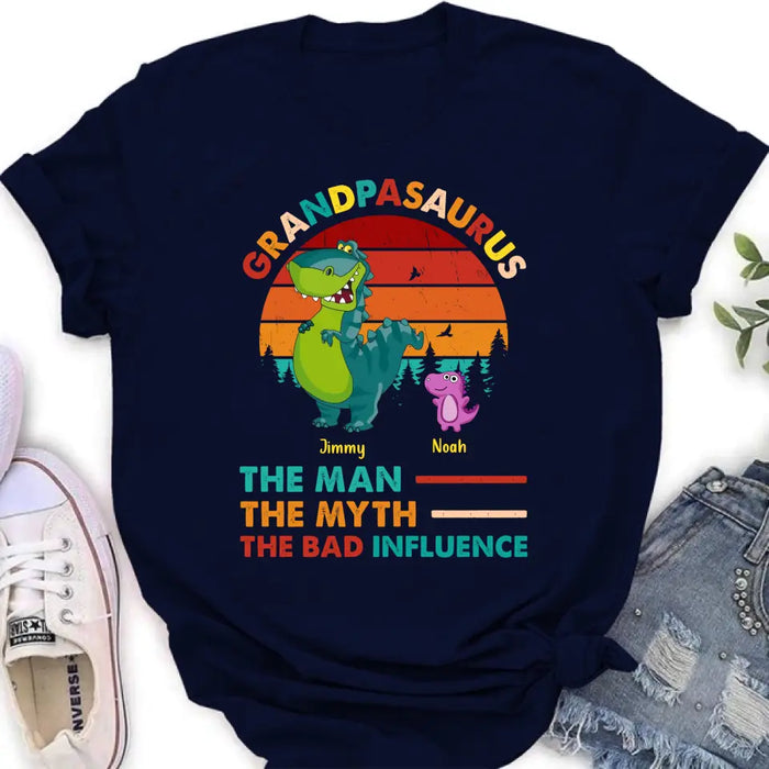 Custom Personalized Grandpasaurus Shirt - Upto 5 Kids - Birthday/Christmas Gift Idea For Grandpa - Grandpasaurus The Man The Myth The Bad Influence