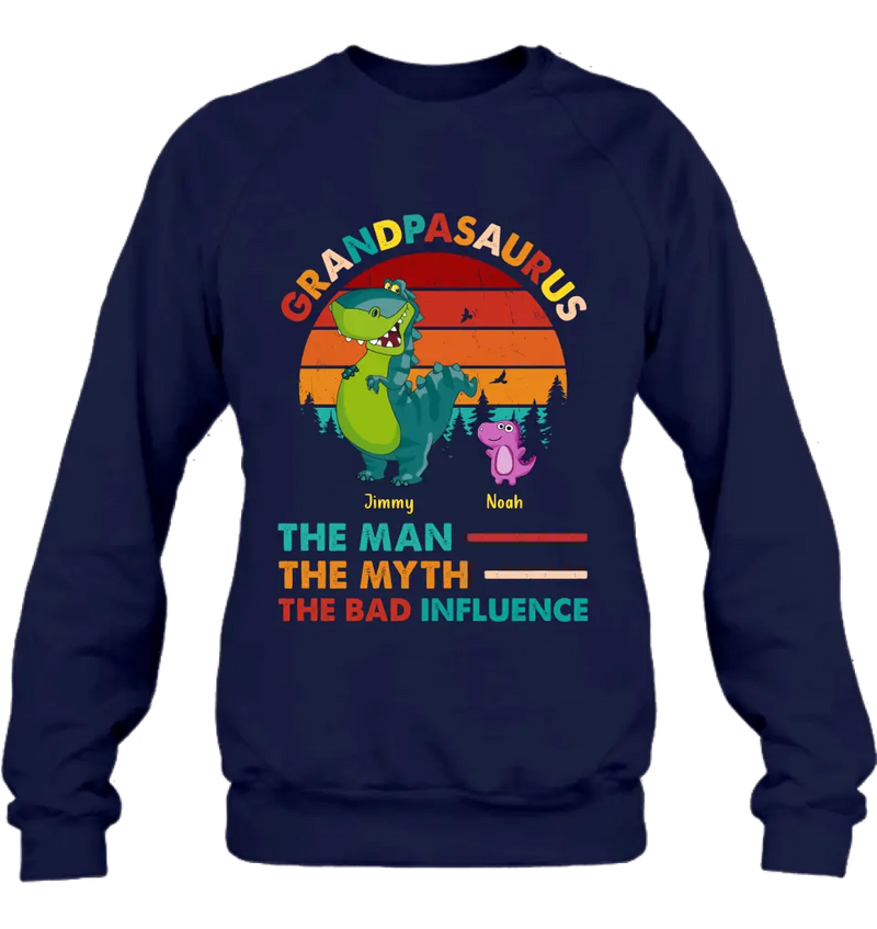 Personalized Grandpasaurus Shirt - Up to 5 Kids - Birthday/Christmas Gift Idea For Grandpa - Grandpasaurus The Man The Myth The Bad Influence