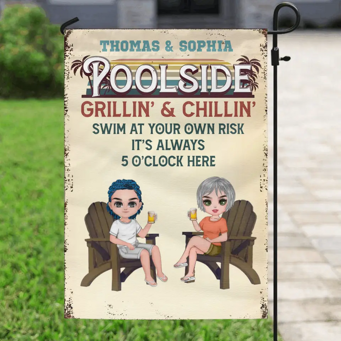 Custom Personalized Couple Flag Sign - Gift Idea for Camping Lovers/Couple - Poolside Grillin' & Chillin' Swim At Your Own Risk It's Always 5 O'Clock Here