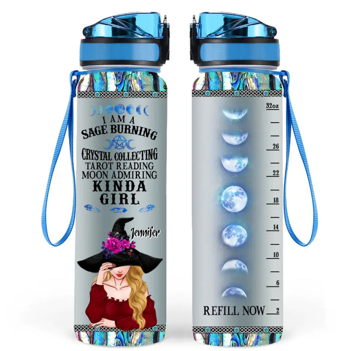 Custom Personalized Witch Water Tracker Bottle - Gift Idea for Witch Lovers - I Am A Sage Burning Crystal Collecting Tarot Reading Moon Admiring Kinda Girl