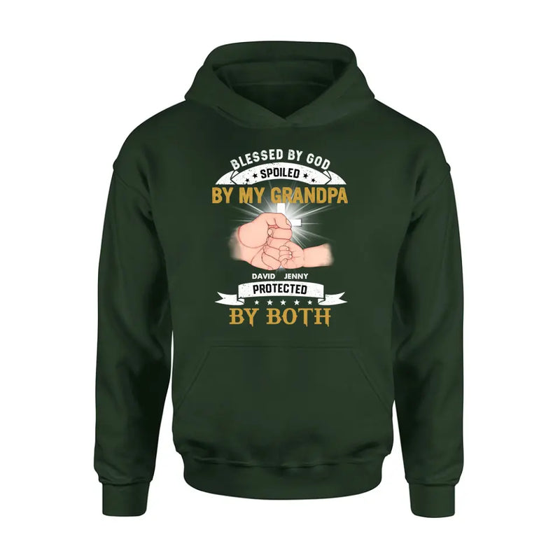 Personalized Grandkids Shirt/Hoodie - Up to 5 Kids - Gift Idea For Grandma/Grandpa - Blessed By God Spoiled By My Grandpa Protected By Both