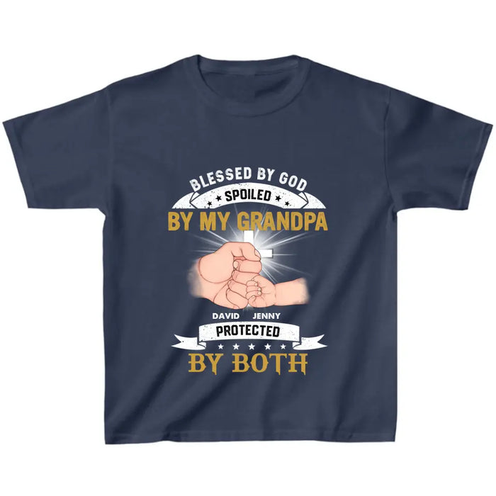 Custom Personalized Grandkids Kid T-Shirt - Upto 5 Kids - Gift Idea For Grandma/Grandpa - Blessed By God Spoiled By My Grandpa Protected By Both