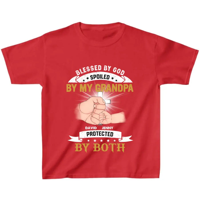 Custom Personalized Grandkids Kid T-Shirt - Upto 5 Kids - Gift Idea For Grandma/Grandpa - Blessed By God Spoiled By My Grandpa Protected By Both