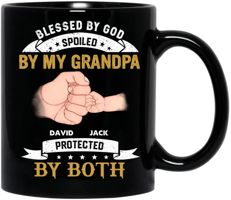 Custom Personalized Grandkids Coffee Mug - Upto 5 Kids - Gift Idea For Grandma/Grandpa - Blessed By God Spoiled By My Grandpa Protected By Both