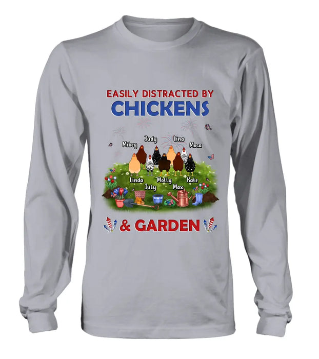 Custom Personalized Chickens Shirt/Hoodie - Upto 9 Chickens - Gift Idea For  Independence Day/Chicken Lovers - Easily Distracted By Chickens & Garden