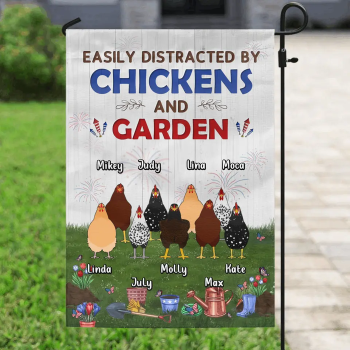 Custom Personalized Chickens Flag Sign - Upto 9 Chickens - Gift Idea For Independence Day/Chicken Lovers - Easily Distracted By Chickens & Garden