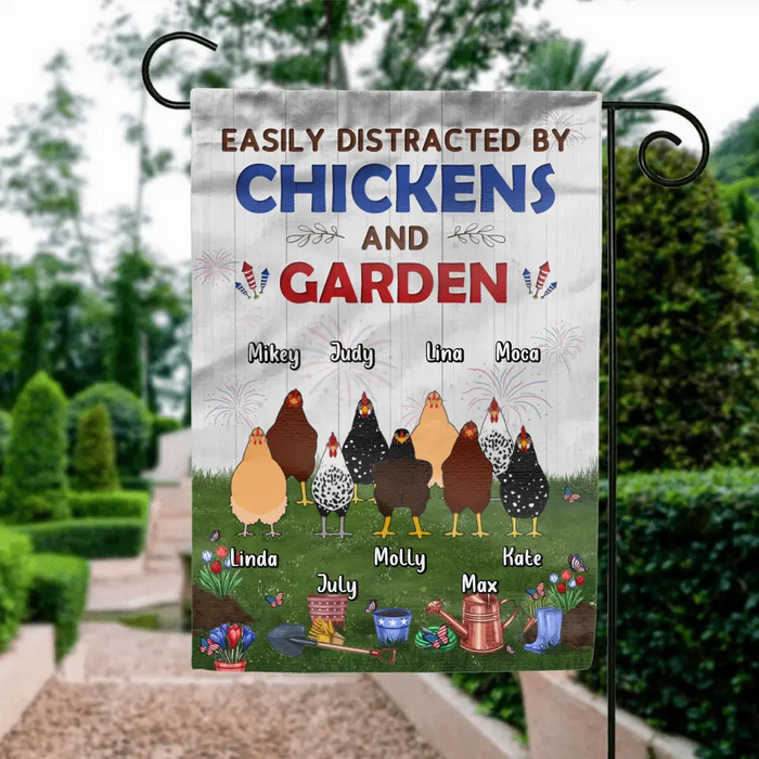 Custom Personalized Chickens Flag Sign - Upto 9 Chickens - Gift Idea For Independence Day/Chicken Lovers - Easily Distracted By Chickens & Garden