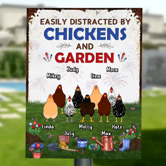 Custom Personalized Chickens Metal Sign - Upto 9 Chickens - Gift Idea For Independence Day/Chicken Lovers - Easily Distracted By Chickens & Garden