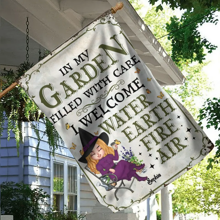 Custom Personalized Garden Witch Flag Sign - Gift Idea For Halloween/Witch Lovers - In My Garden Filled With Care, I Welcome Water, Earth, Fire, Air