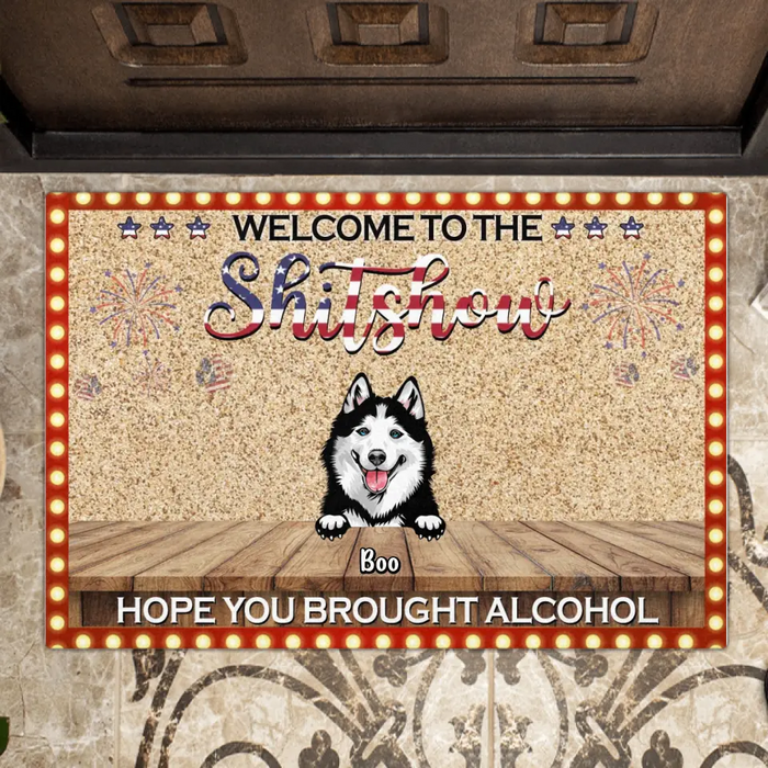 Custom Personalized Dogs Doormat - Upto 5 Dogs - Gift Idea For Dog Lovers - Welcome To The Shitshow  Hope You Brought Alcohol