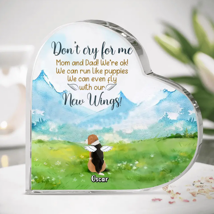 Custom Personalized Memorial Dog Crystal Heart - Memorial Gift Idea For Dog Lovers - Upto 5 Dogs - Don't Cry For Me Mom And Dad! We're Ok!