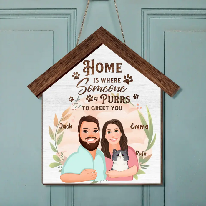 Custom Personalized Cat Wooden Sign - Upto 6 Cats - Gift Idea For Couple/Cat Lovers - Home Is Where Someone Purrs To Greet You