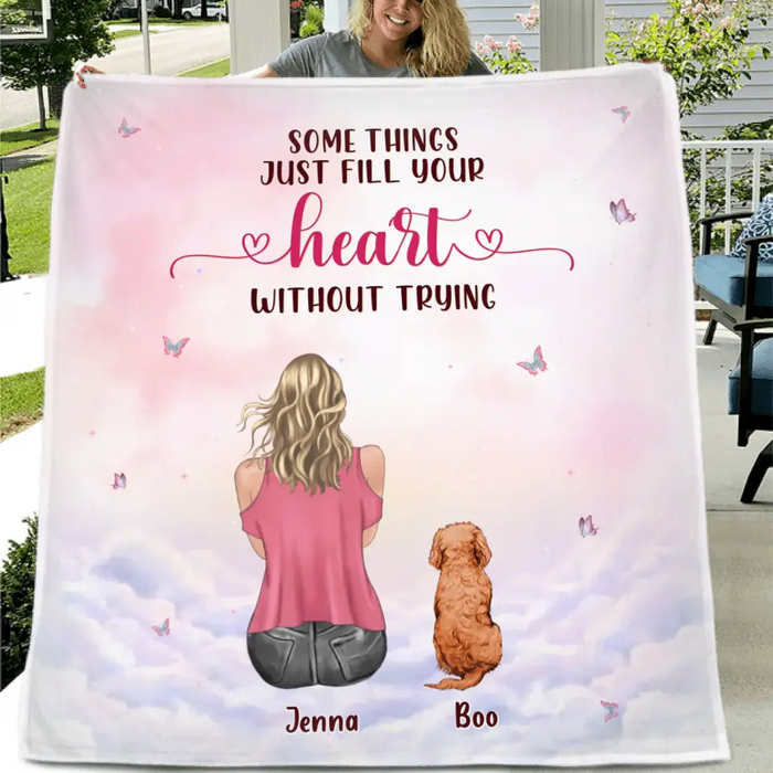 Custom Personalized Dog Mom Pillow Cover/Quilt/Single Layer Fleece Blanket - Upto 5 Dogs - Gift Idea For Dog Lovers - Some Things Just Fill Your Heart Without Trying