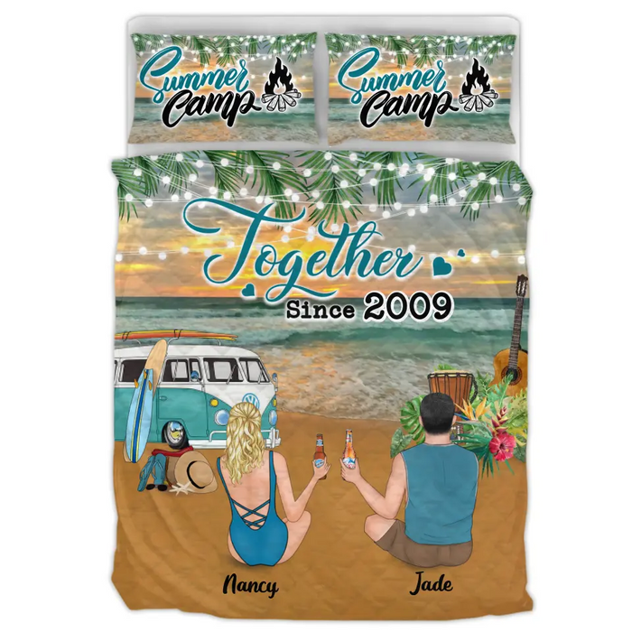 Custom Personalized Sunset Summer Beach Camping Quilt Bed Sets - Couple/Family With Upto 3 Kids And 3 Pets - Best Gift Idea For Camping/Dog/Cat Lover - Together Since 2009