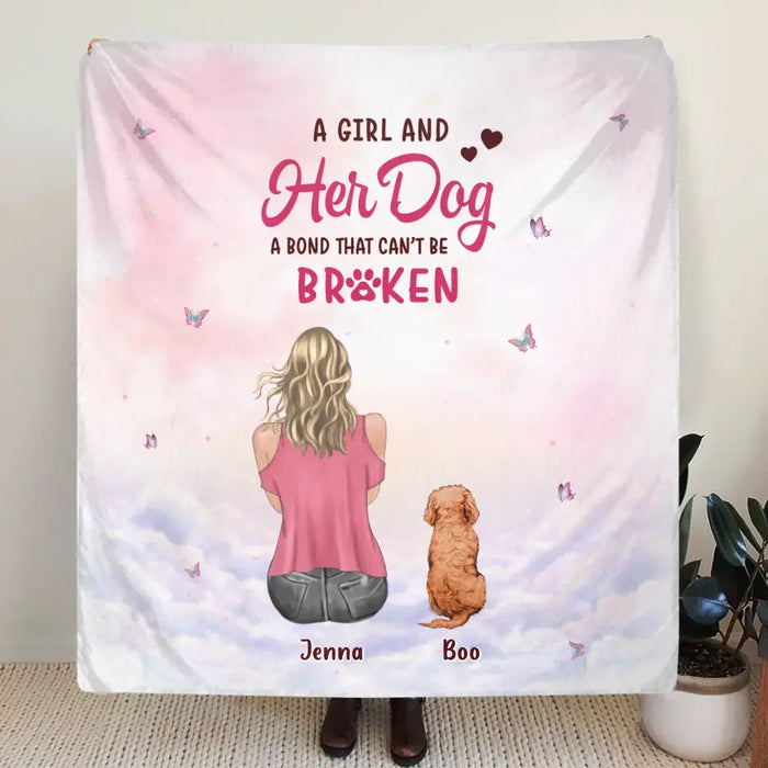 Custom Personalized Dog Mom Pillow Cover/Quilt/Single Layer Fleece Blanket - Upto 5 Dogs - Gift Idea For Dog Lovers - A Girl And Her Dog A Bond That Can't Be Broken