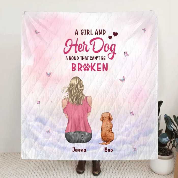 Custom Personalized Dog Mom Pillow Cover/Quilt/Single Layer Fleece Blanket - Upto 5 Dogs - Gift Idea For Dog Lovers - A Girl And Her Dog A Bond That Can't Be Broken