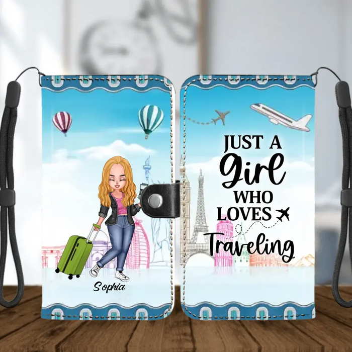 Personalized Traveling Girl Flip Leather Purse For Mobile Phone - Gift Idea For Birthday/Traveling Lovers - Just A Girl Who Loves Traveling