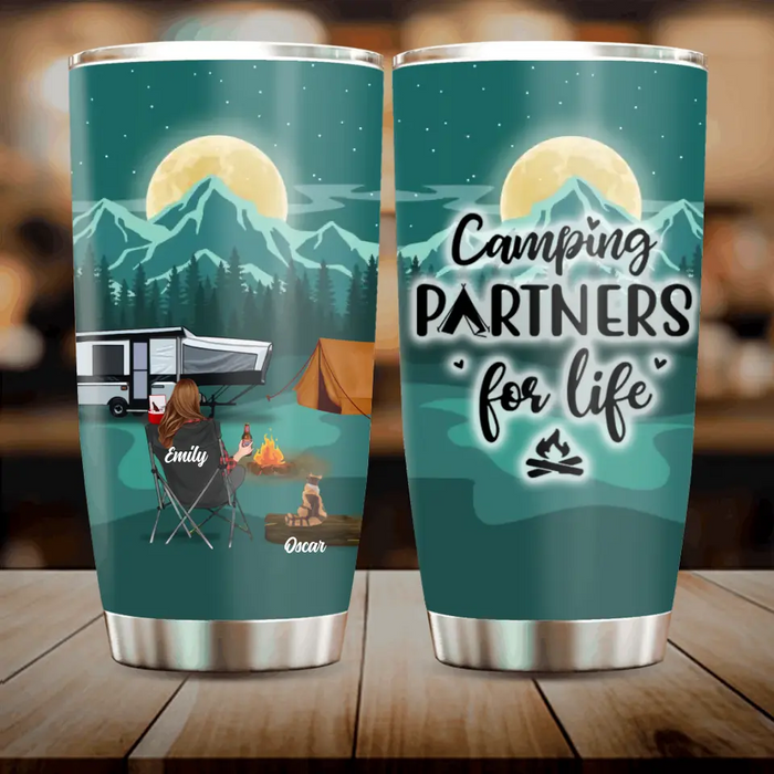 Personalized Night Camping Tumbler - Man/ Woman/ Couple/ Parents With Upto 2 Kids And 4 Pets - Gift For Camping Lover - Camping Partners For Life