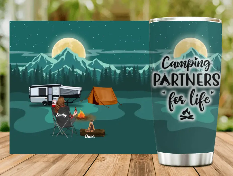 Personalized Night Camping Tumbler - Man/ Woman/ Couple/ Parents With Upto 2 Kids And 4 Pets - Gift For Camping Lover - Camping Partners For Life