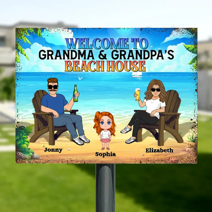 Custom Personalized Grandparent Metal Sign - Upto 6 Kids - Gift Idea For Grandma/Grandpa - Welcome To Grandma & Grandpa's Beach House