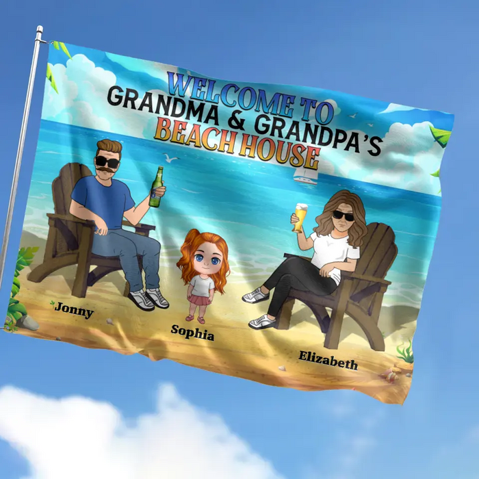 Custom Personalized Grandparent Flag - Upto 6 Kids - Gift Idea For Grandma/Grandpa - Welcome To Grandma & Grandpa's Beach House