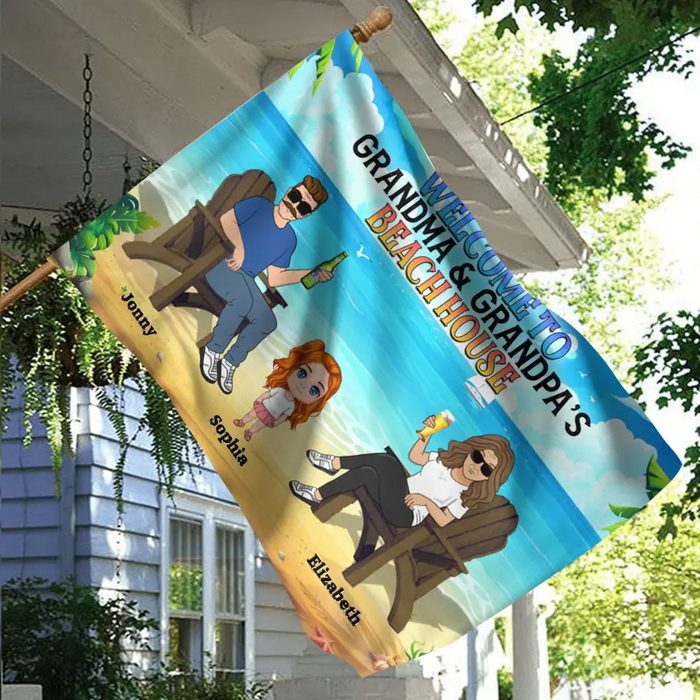 Custom Personalized Grandparent Flag - Upto 6 Kids - Gift Idea For Grandma/Grandpa - Welcome To Grandma & Grandpa's Beach House