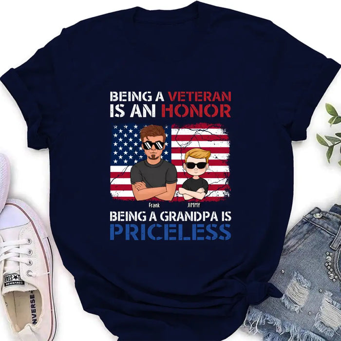 Custom Personalized Veteran Shirt - Upto 4 Grandkids - Gift Idea for Grandpa/Veteran - Being A Veteran Is An Honor Being A Grandpa Is Priceless