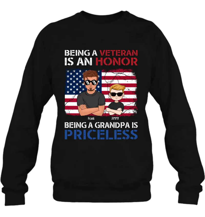 Personalized Veteran Shirt - Up to 4 Grandkids - Gift Idea for Grandpa/Veteran - Being A Veteran Is An Honor Being A Grandpa Is Priceless