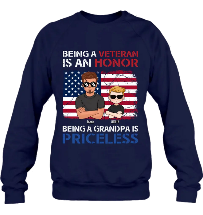 Custom Personalized Veteran Shirt - Upto 4 Grandkids - Gift Idea for Grandpa/Veteran - Being A Veteran Is An Honor Being A Grandpa Is Priceless