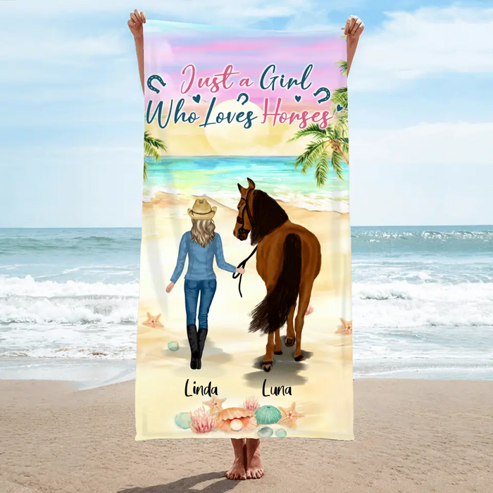 Custom Personalized Horse Girl Summer Vibe Beach Towel - Upto 6 Horses - Best Gift For Horse Lover - Just A Girl Who Loves Horses