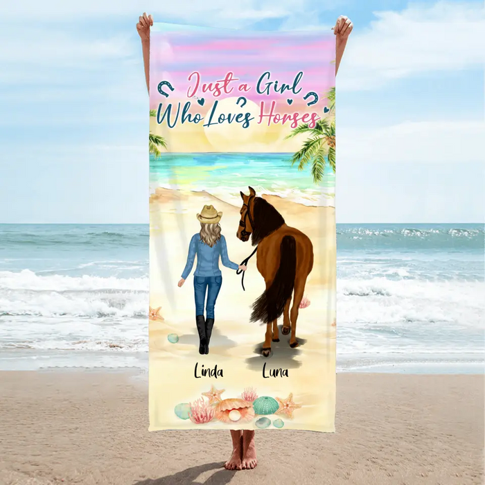 Custom Personalized Horse Girl Summer Vibe Beach Towel - Upto 6 Horses - Best Gift For Horse Lover - Just A Girl Who Loves Horses