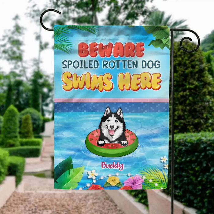 Custom Personalized Dog Flag - Upto 6 Dogs - Gift Idea for Dog Lovers - Beware Spoiled Rotten Dog Swims Here