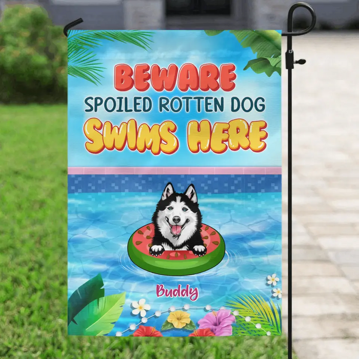 Custom Personalized Dog Flag - Upto 6 Dogs - Gift Idea for Dog Lovers - Beware Spoiled Rotten Dog Swims Here