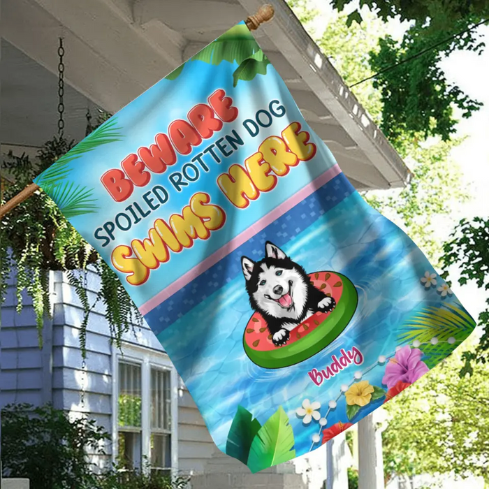 Custom Personalized Dog Flag - Upto 6 Dogs - Gift Idea for Dog Lovers - Beware Spoiled Rotten Dog Swims Here