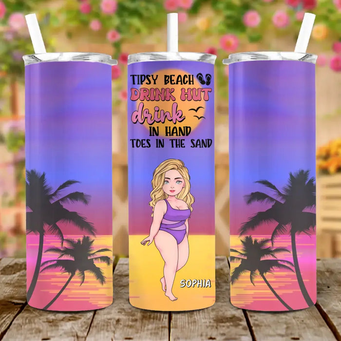 Custom Personalized Summer Girl Skinny Tumbler - Gift Idea For Besties/Friends/Summer Vacation - Tipsy Beach Drink Hut Drink In Hand Toes In The Sand