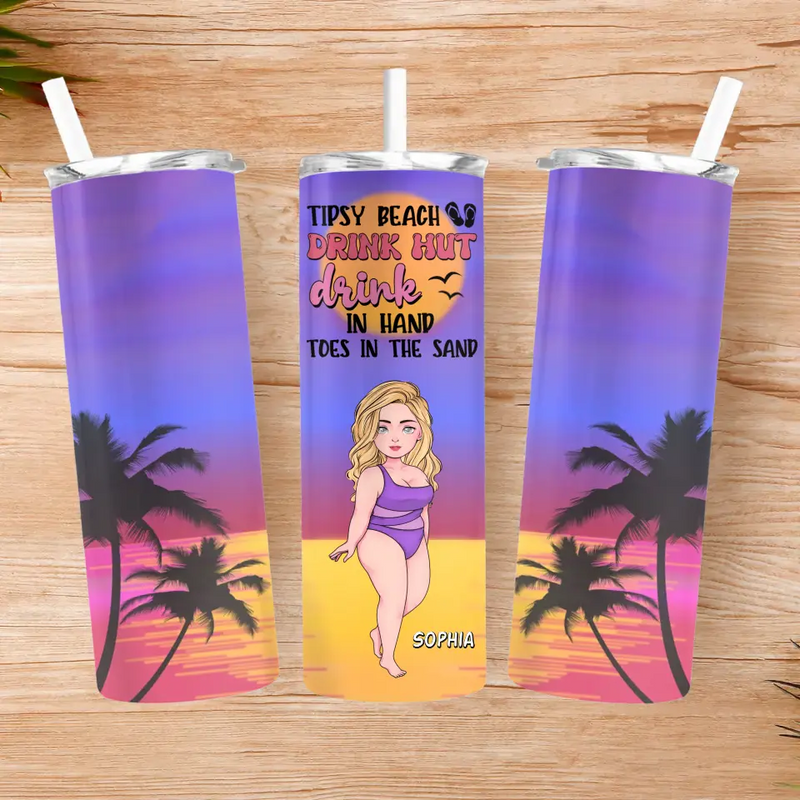 Personalized Summer Girl Skinny Tumbler - Gift Idea For Besties/Friends/Summer Vacation - Tipsy Beach Drink Hut Drink In Hand Toes In The Sand