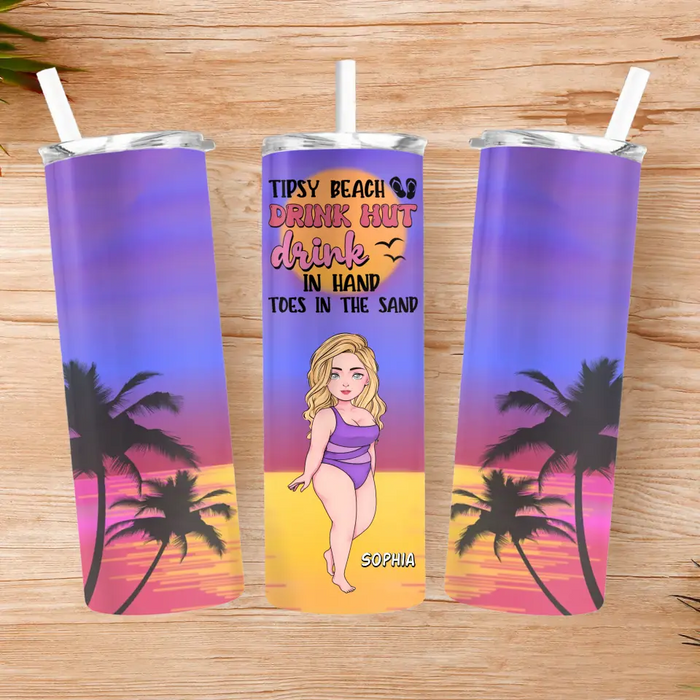Custom Personalized Summer Girl Skinny Tumbler - Gift Idea For Besties/Friends/Summer Vacation - Tipsy Beach Drink Hut Drink In Hand Toes In The Sand