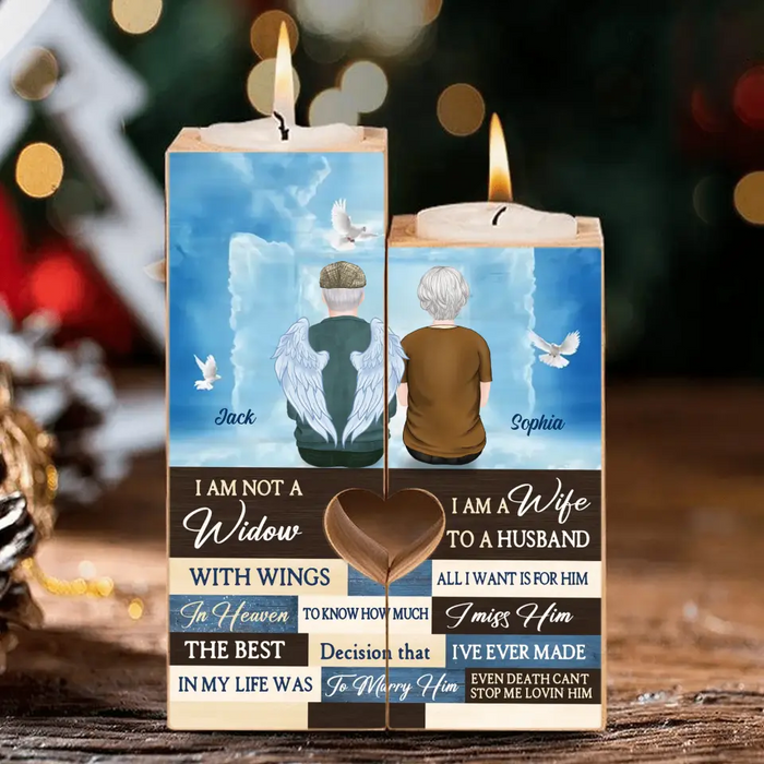 Personalized Couple Heart Candle Holder - Memorial Gift Idea For Couple - I Am Not A Widow I Am A Wife To A Husband With Wings