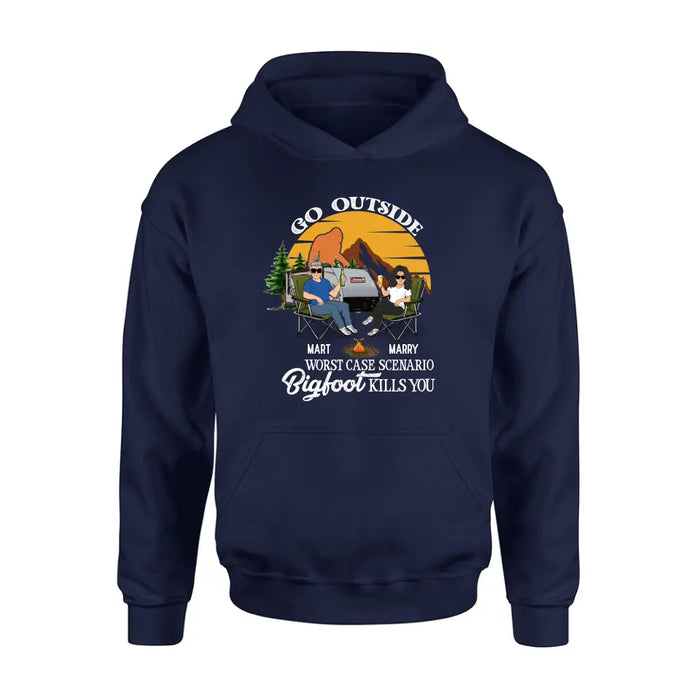 Custom Personalized Couple Camping Shirt/ Pullover Hoodie/Long sleeve/Sweatshirt - Gift Idea For Camping Lover - Go Outside Worst Case Scenario Bigfoot Kills You