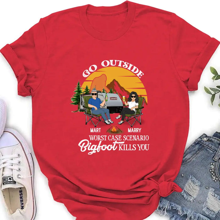 Custom Personalized Couple Camping Shirt/ Pullover Hoodie/Long sleeve/Sweatshirt - Gift Idea For Camping Lover - Go Outside Worst Case Scenario Bigfoot Kills You