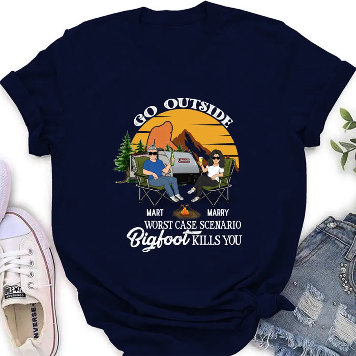 Custom Personalized Couple Camping Shirt/ Pullover Hoodie/Long sleeve/Sweatshirt - Gift Idea For Camping Lover - Go Outside Worst Case Scenario Bigfoot Kills You