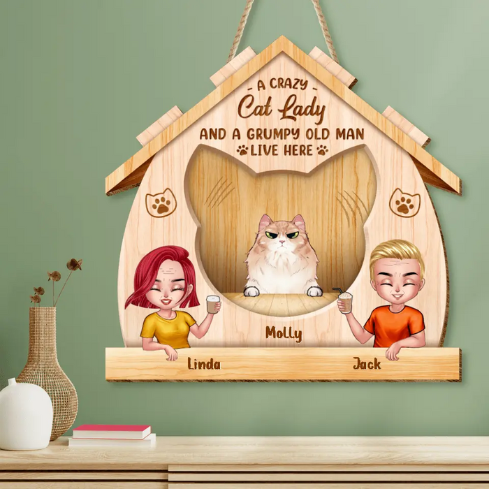 Custom Personalized Cat Lady Wooden Sign - Up to 6 Cats - Gift Idea For Couple/Cat Lovers - A Crazy Cat Lady And A Grumpy Old Man Live Here